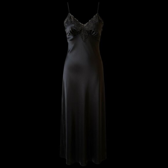 Flora Nikrooz Black Long Nightgown Gown Lace Adjust Strap Sheer Portion Tie sz L - Picture 15 of 16